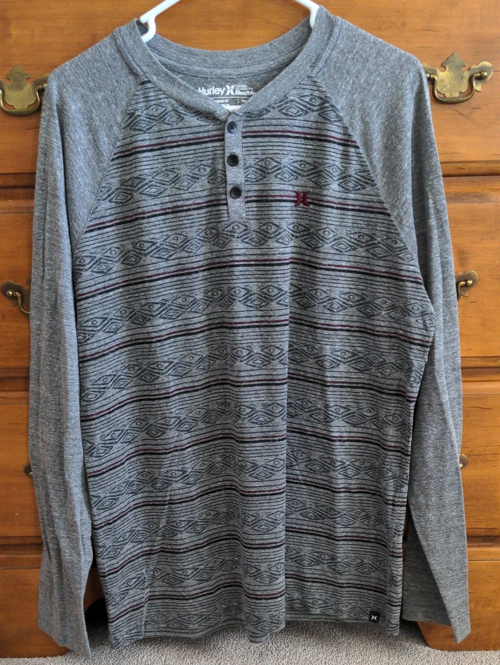 Hurley Gray Long Sleeve Henley with Subtle Maroon Stripe